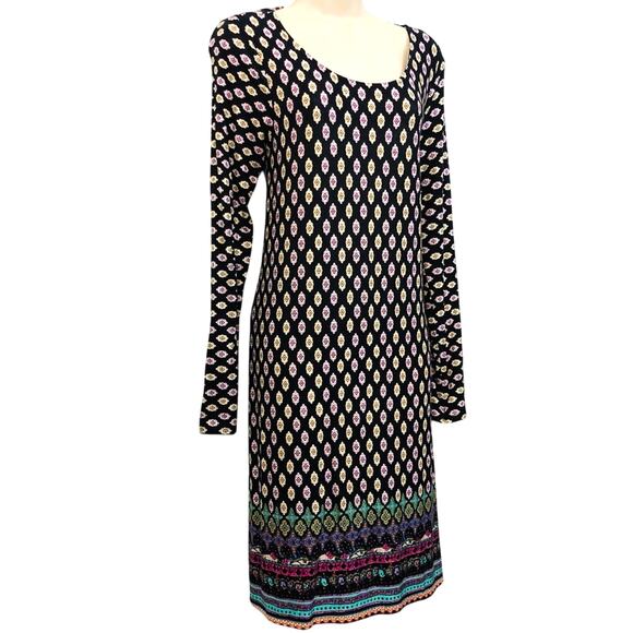 NWT Loveappella Charming Black Multi Colored Design Kasi Knit Dress Caged Back - Picture 3 of 16